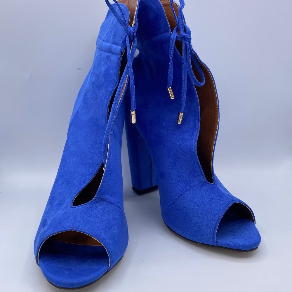 FSJ Blue Suede Boots Front Tie up Peep Toe Chunky